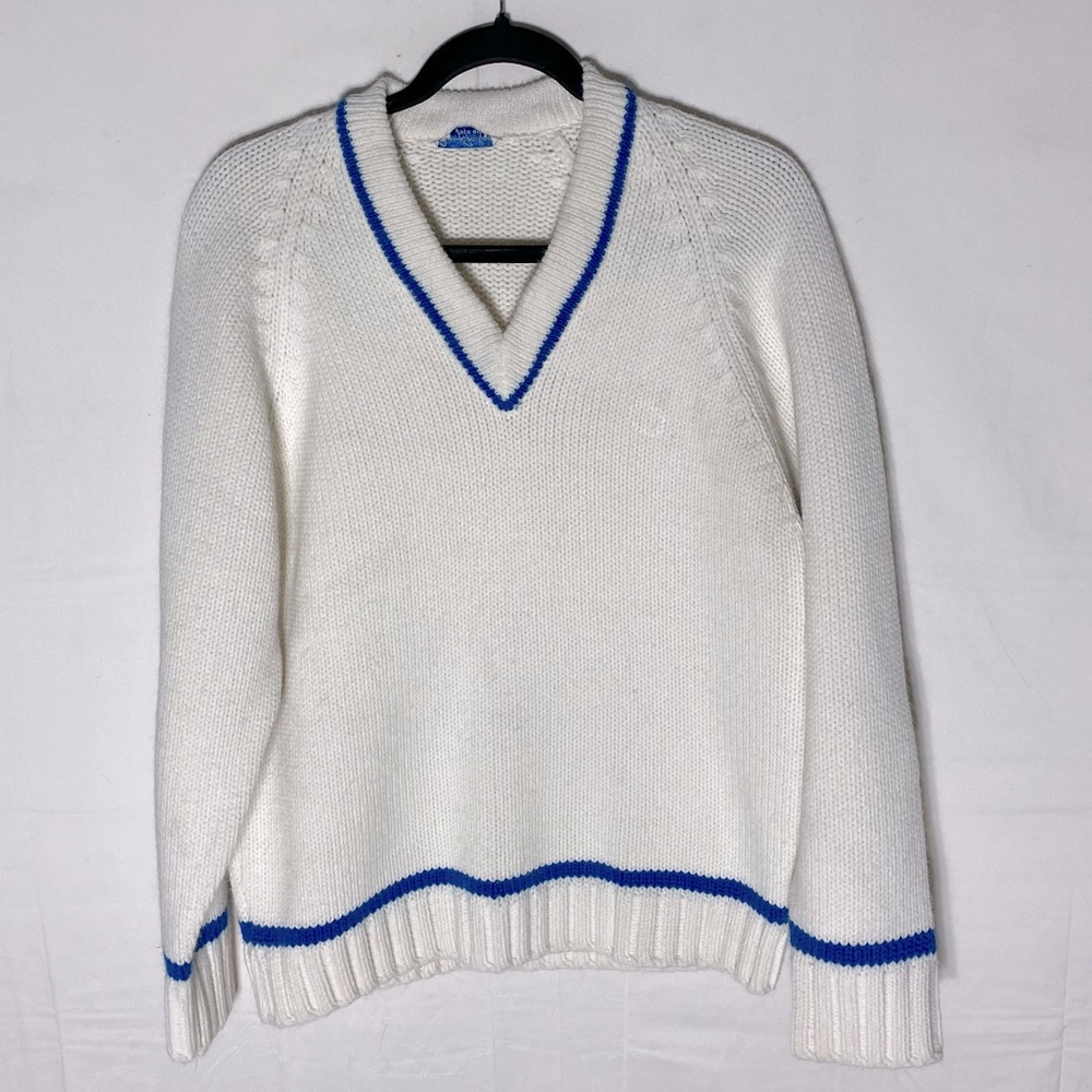 Vintage Penny Sparling Light Academia White Knit V-Neck Sweater with Blue Trim S